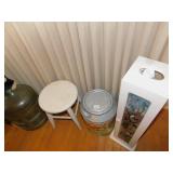 STOOL, WATER BOTTLE, TIN CAN, SMALL CABINET