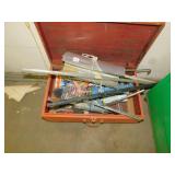 WOODEN BOX WITH TOOLS, METALS, CAULK, ETC.