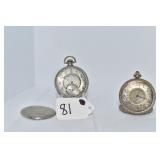 TWO ENGIN POCKET WATCHES, NO CRYSTALS 1.5" ROUND,