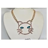 BETSY JOHNSON RHINESTONE CAT FACE NECKLACE 16"