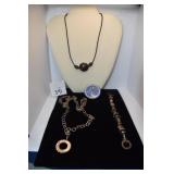 SILVER TONE BRACELET, NECKLACE, POLISHED STONE