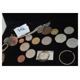 BRACELET W/ FOREIGN COIN, LOOSE FOREIGN COINS,