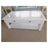 WHITE WOODEN COFFEE TABLE WITH GLASS TOP, ONE