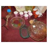 CAKE PLATE, PYREX MUGS, SERVING TRAY, GREEN TOTE,