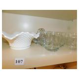 MILK GLASS BOWL, GLASSES, ETC.