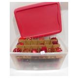 LARGE GROUP OF 40 PLUS RED ORNAMENTS AND TOTE