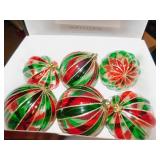 SET 3 GLASS TREES OB, 6 LARGE PLASTIC ORNAMENTS