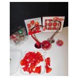 ORNAMENT HOLDERS (GLASS) AND TWO GLASS BLOWN