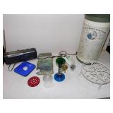 CHROME GLASS TRAY, VASE, GLASS ORNAMENTS