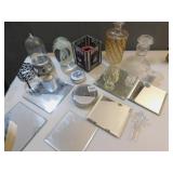 GLASS DECANTER, MUSIC BOX, CANDLE HOLDERS,