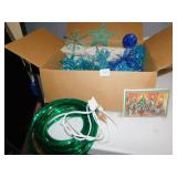 BLUE ORNAMENTS, ROPE LIGHT, CHRISTMAS CARDS