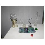 GLASS ORNAMENT HOLDER, GLASS TRAY AND BALL,