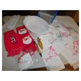 WHITE CASSEROLE AND HOLIDAY HAND TOWELS AND