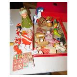 VINTAGE ORNAMENTS AND WOOD BLOCK LETTERS, ETC.