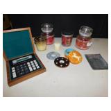 YANKEE CANDLES, WOOD BOX W/ CALCULATOR, ETC.