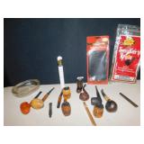 ASSORTED PIPES, TABACCO HOLDER, ASH TRAY