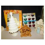 X-MAS TREE, WOOD NATIVITY SET, ORNAMENTS, ETC.