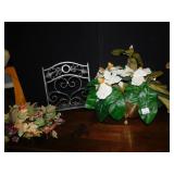 TABLE TOP EASEL, SILK FLOWER ARRANGEMENT, ETC.