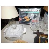 CORNING CASSEROLE, GLASSES, MASON JAR LAMP,