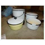 4 ENAMEL POTS, 1 DOUBLE BOILER POT