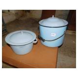 2 ENAMEL WARE BLUE POTS, LARGE