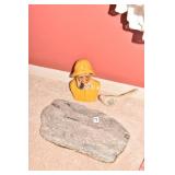 STONE BOARD, FISHERMAN, FENTON SIGNED BIRD