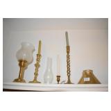 BRASS CANDLE STICKS, LAMP SHADE, TALLEST STICK