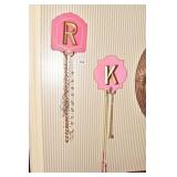 WOOD LETTER R AND K WITH ASST. COSTUME JEWELRY