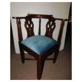 MAHOGANY CORNER CHAIR W/ BLUE UPHL.