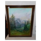 MOUNTAIN SCENE PAINTING, BY CR, 28" H X 22" W