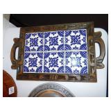 HAND CARVED TRAY, TILE TRAY LOOSE HANDLE, SILVER