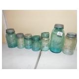 9" TALL MASON JAR PAT 1858, V BALL JARS, ETC.