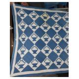 BLUE AND WHITE VINTAGE QUILT, SMALL, HAND MADE,