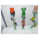 3 UNIQUE GLASS CANDLE HOLDERS, COLORFUL AND