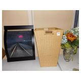 ARTIFICIAL FLOWERS IN GLASS VASE, HAMPER, PICTURE