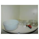 GLASS MIXING BOWLS, DISHES, TEAPOT W/OUT LID CUTE