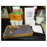 SMALL BOXES. VINTAGE BAKING MOLD, PAINT BRUSHES,