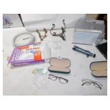 PEDESTALS, TWO CRATE & BARREL 5X7 FRAMES, READING