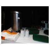 DISHES, SMALL TRASH CAN, DANSK SHAKERS, PYREX