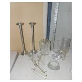 METAL CANDLE HOLDERS, 2 NEW WOOD WICK CANDLES,