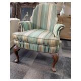 GREEN AND GOLD STRIPPED ARMCHAIR W/ BRASS TACK