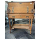 OAK DROP FRONT DESK APPLIED CARVING BRASS