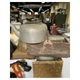 WOOD BOX, PLANTER, TEA POT, CAST IRON SPOON