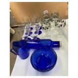 BLUE GLASS ROLLING PIN, GLASSES, ETC.