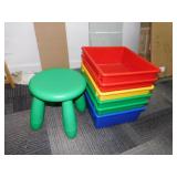 ART/CHALK BOARD AND 6 BINS AND STOOL