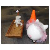 LARGE PIGGY BANK, WAGON AND CONES