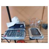 CALCULATOR, LIGHT, MEASURING CUP, DESK LIGHT,