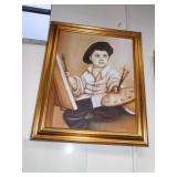 BOY ARTIST AND MODERN PRINT- CORNER OF FRAME HAS