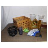 WOOD BASKET W/ CANDLES, ETC.