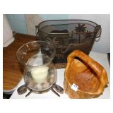 WIRE WASTE CAN, CANDLE, WOOD BASKET